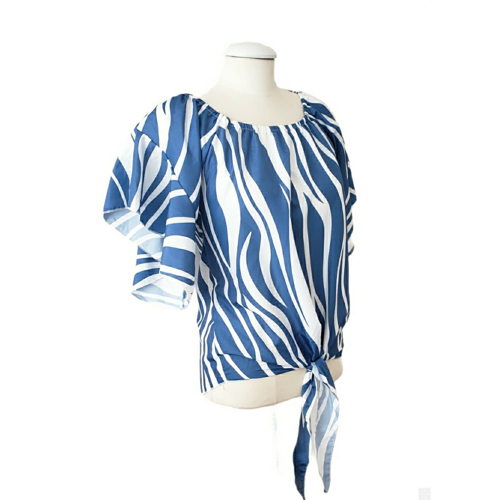 Blue & White Tie Front Blouse